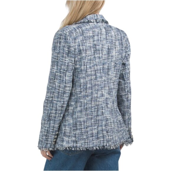 ELLEN TRACY Fringe Trim Double Breasted Boucle Blazer - Picture 2 of 2
